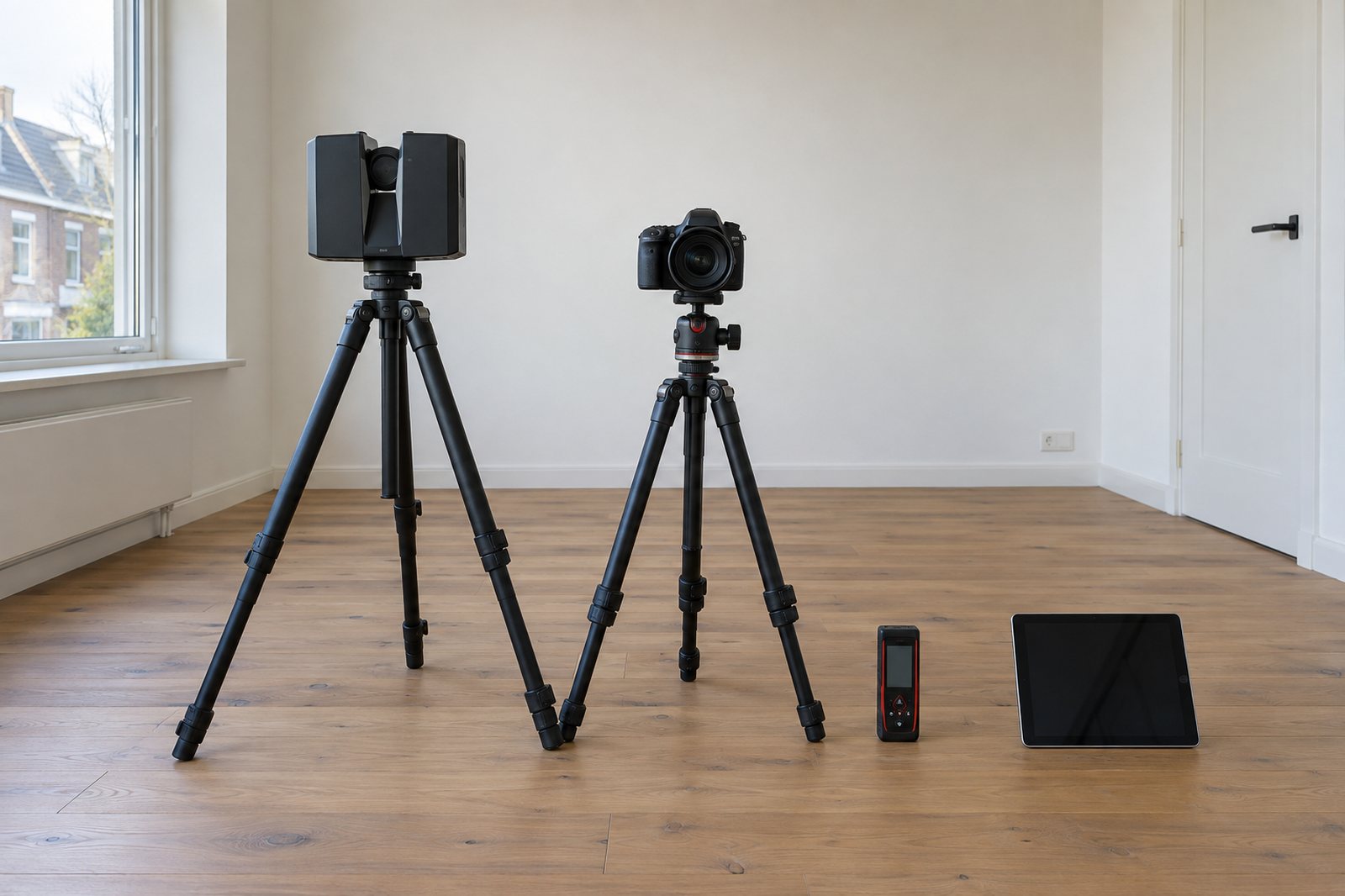 Camera voor de virtuele tour en een fotocamera op een statief, met een laserafstandsmeter en een tablet op een houten vloer