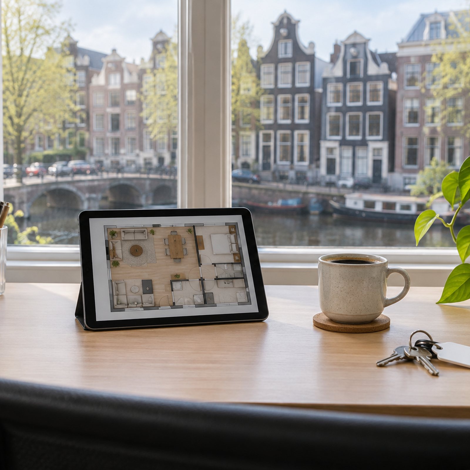 Bureau aan het raam met een tablet met een plattegrond, een sleutelbos en een kop koffie. Buiten staan grachtenpanden.
