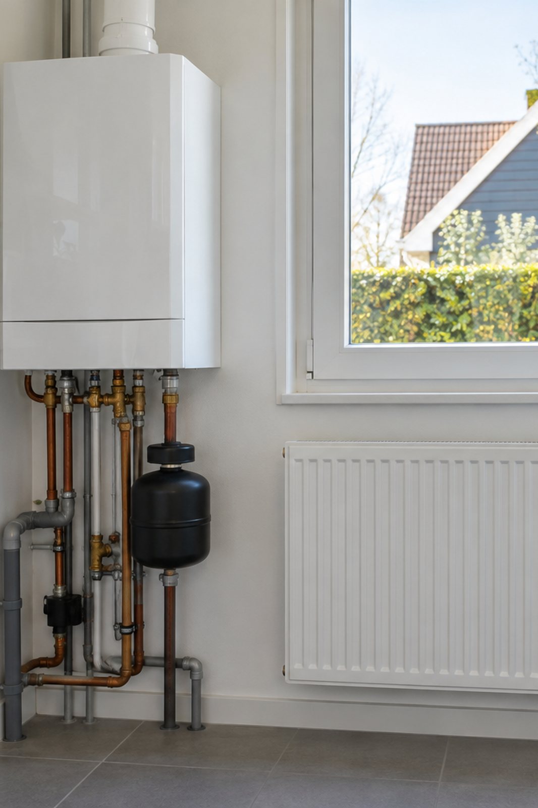 Witte cv-ketel met leidingen en een radiator onder een raam in een lichte bijkeuken