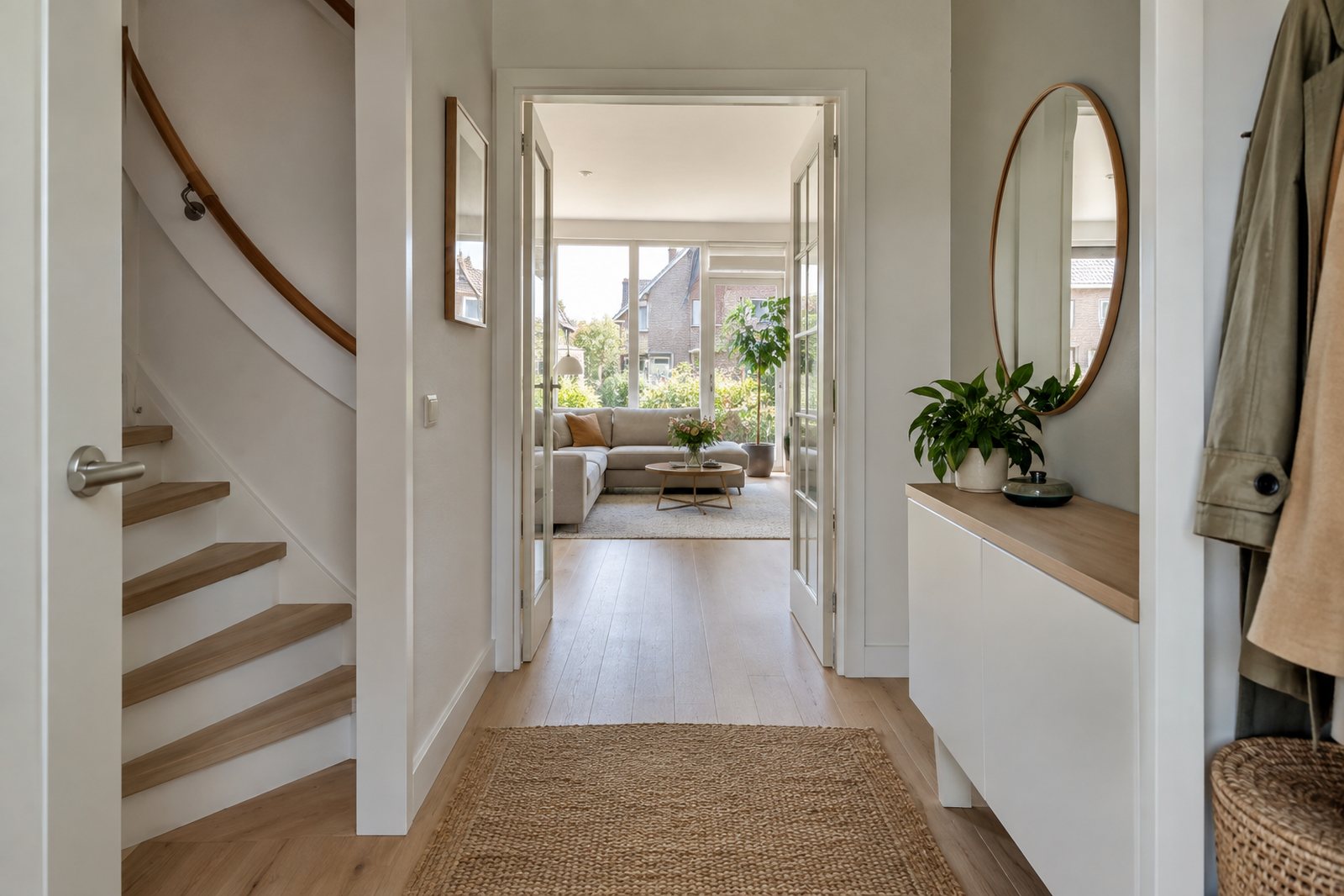 Hal met trap en een doorkijk door de open deur naar de woonkamer