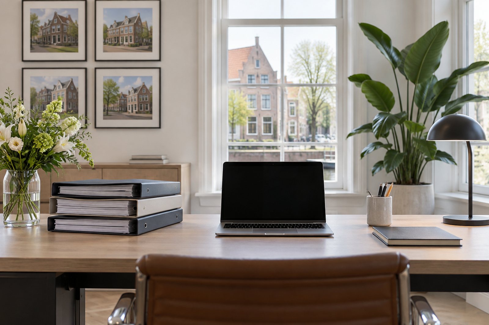 Bureau met mappen en een laptop in een licht makelaarskantoor