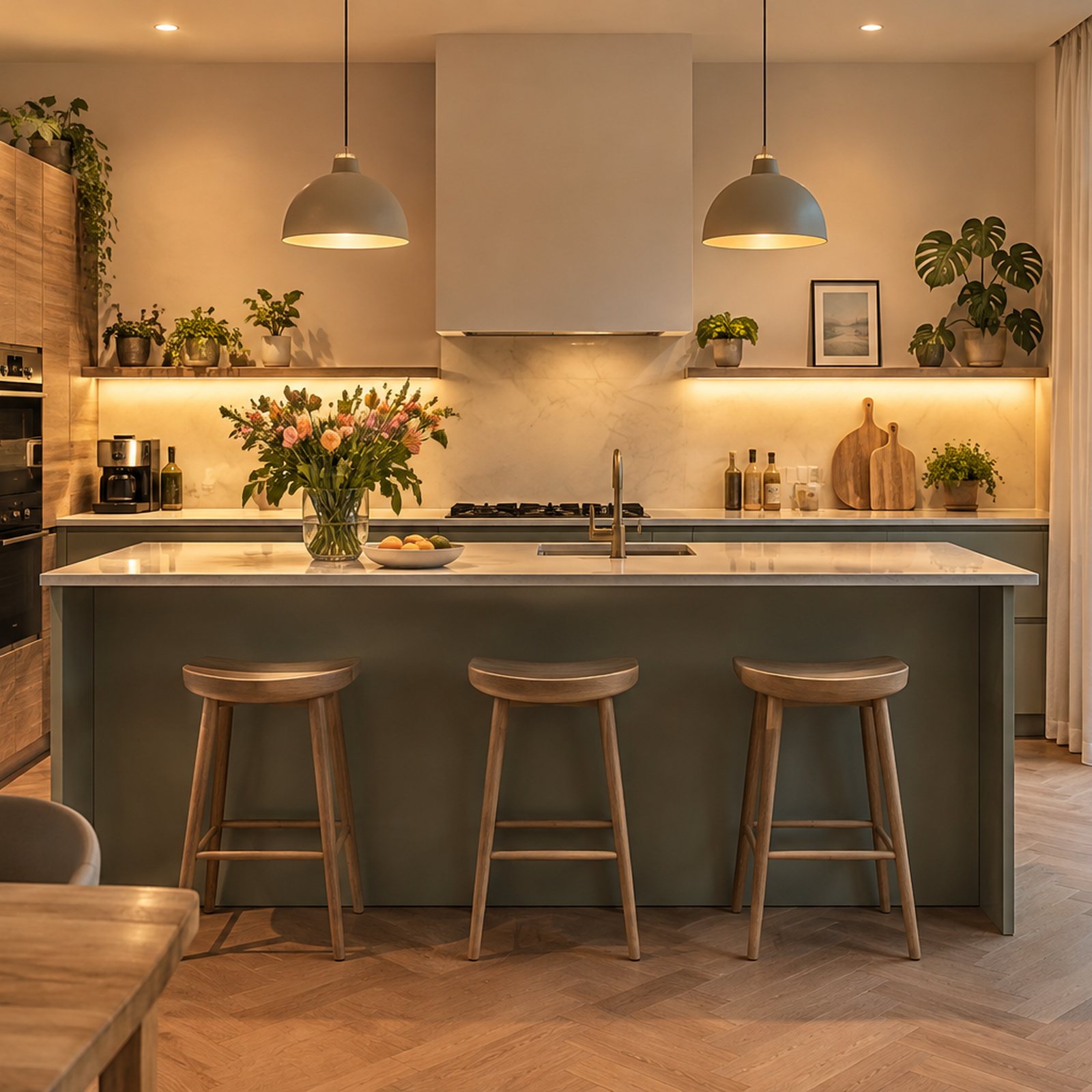 Keuken met kookeiland in warm avondlicht, met alle lampen aan