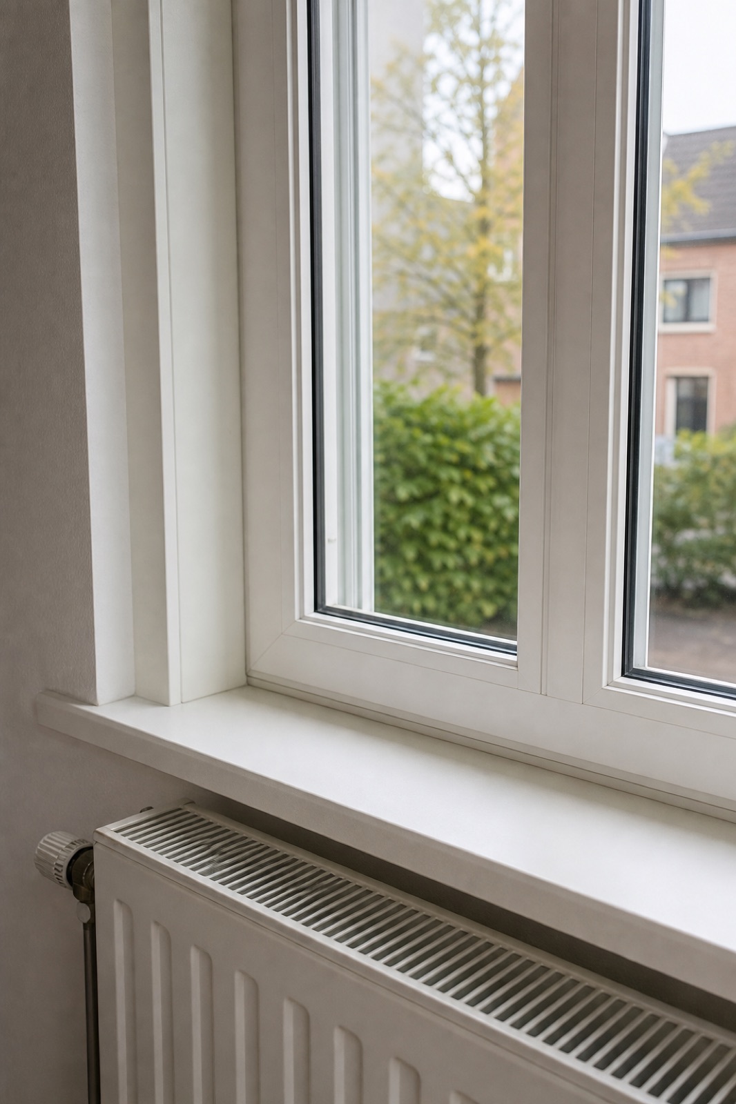 Wit kozijn met dubbel glas en een brede vensterbank, met groen buiten het raam