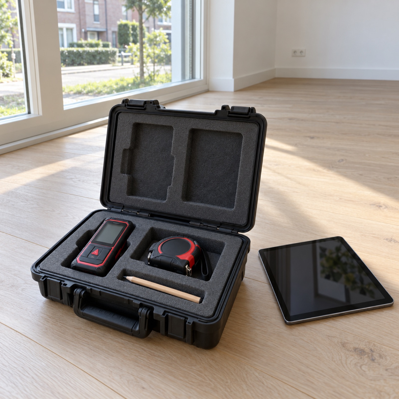 Open zwarte koffer op een houten vloer bij een groot raam. In de koffer liggen een laserafstandsmeter, een rolmaat en een potlood, ernaast ligt een tablet.