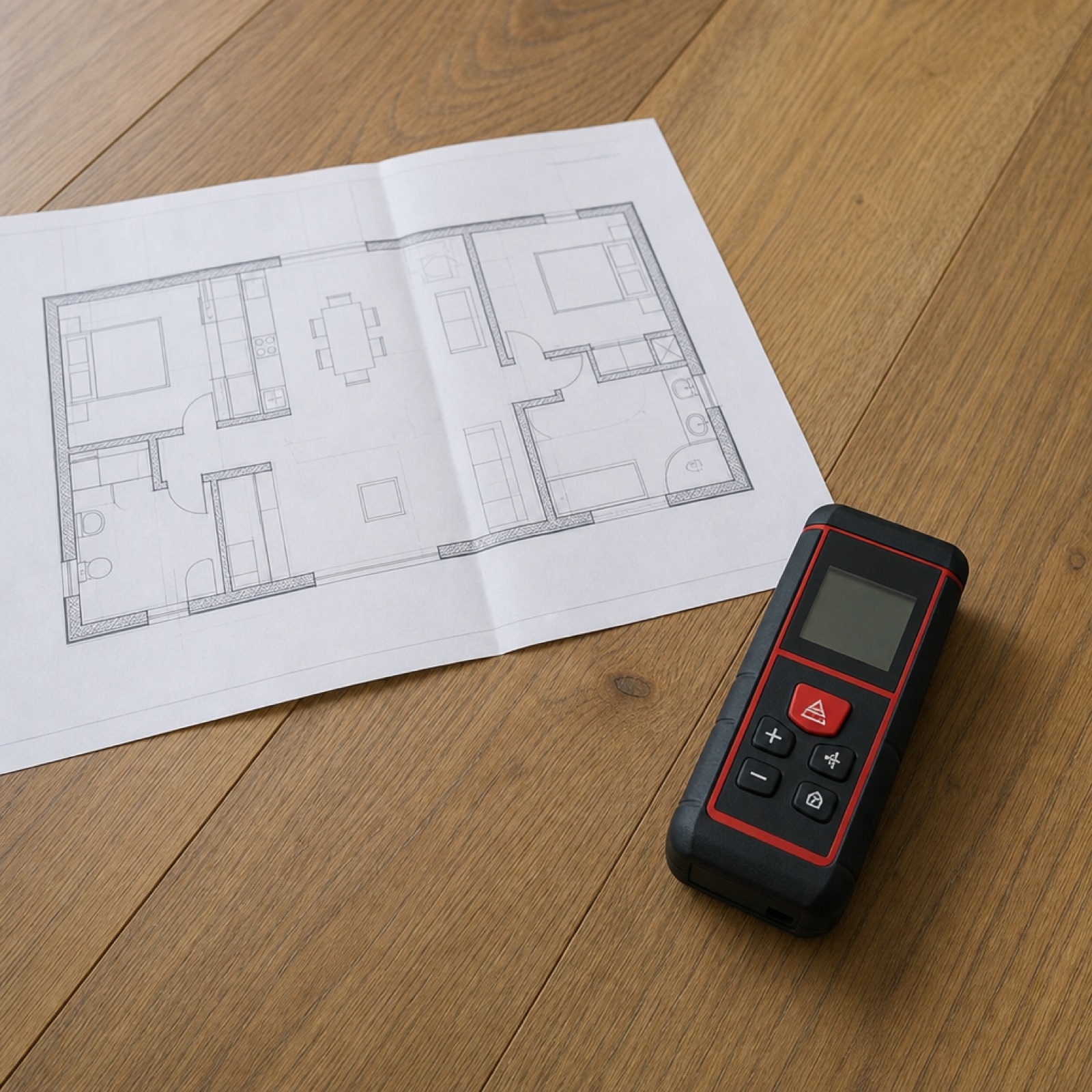 Papieren plattegrond met een laserafstandsmeter op een houten vloer