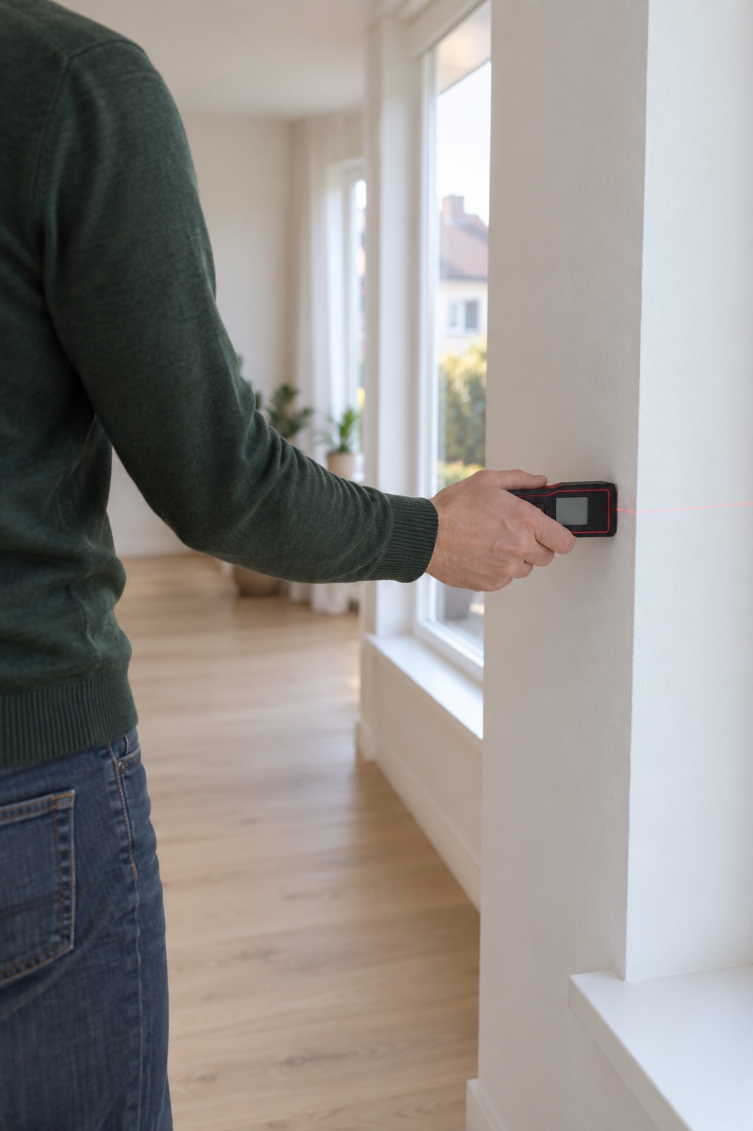 Iemand in een donkergroene trui houdt een laserafstandsmeter tegen de muur naast een raam, in een lege, lichte woonkamer. Het hoofd valt buiten beeld.