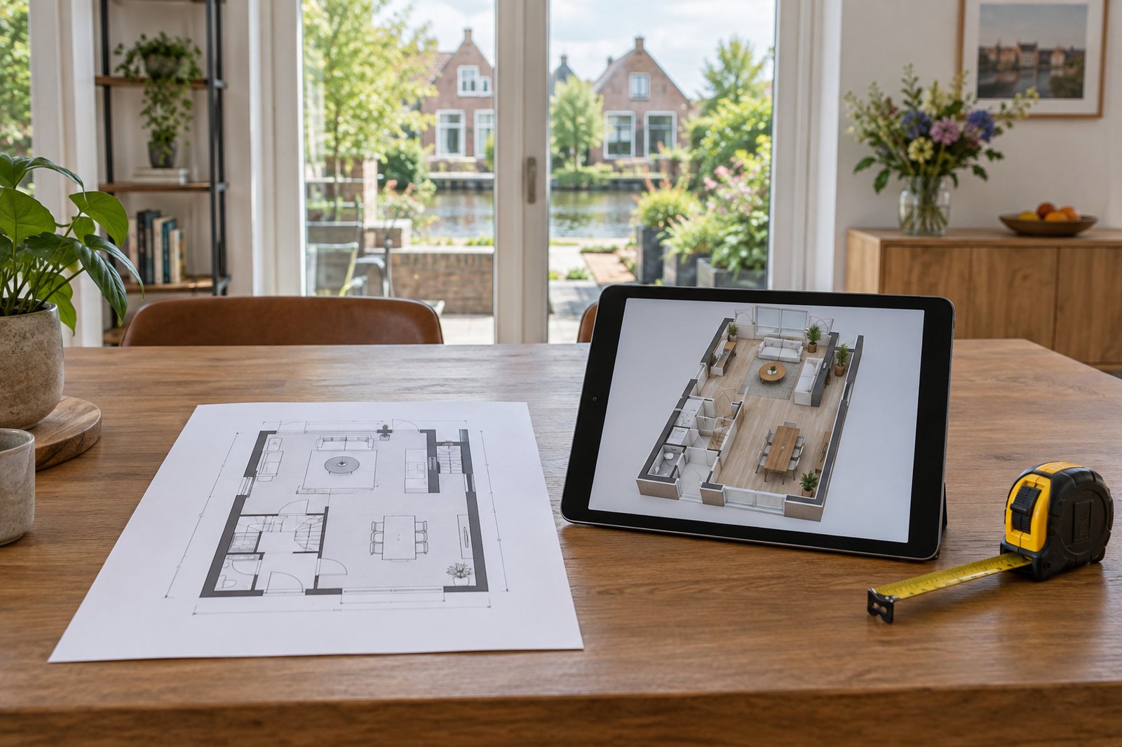 Plattegrond op papier en een tablet met een 3D-plattegrond op een houten tafel, met een rolmaat ernaast