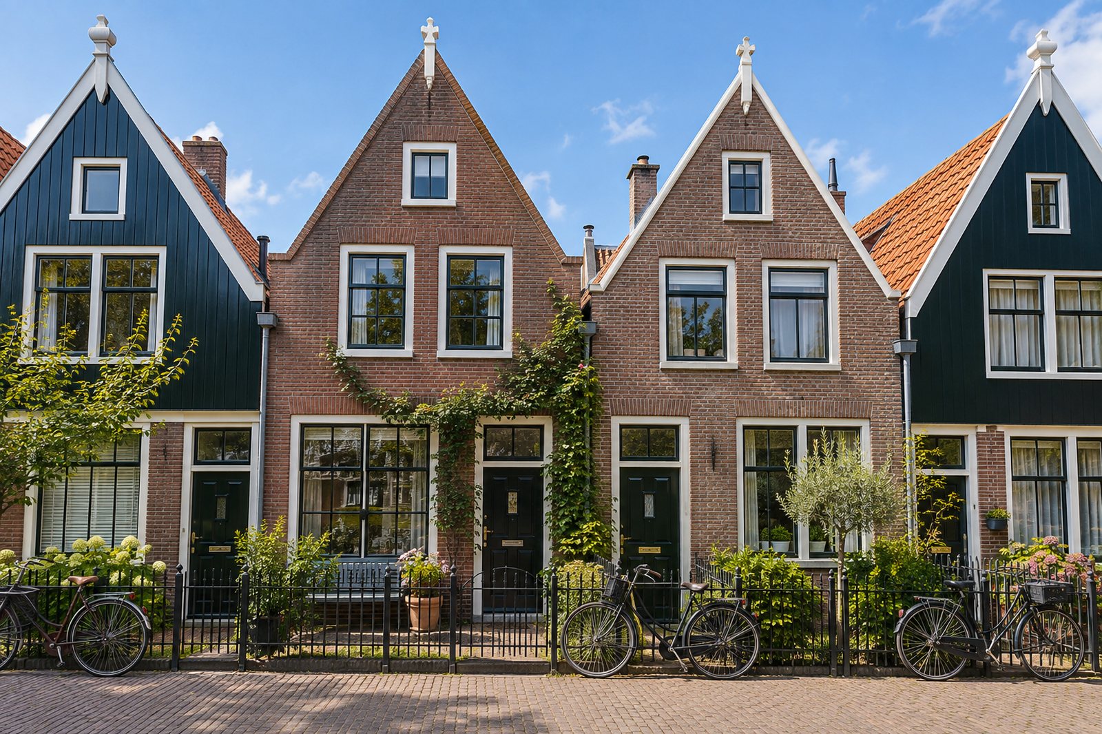 Rij Noord-Hollandse huizen met puntgevels, met fietsen tegen het hek