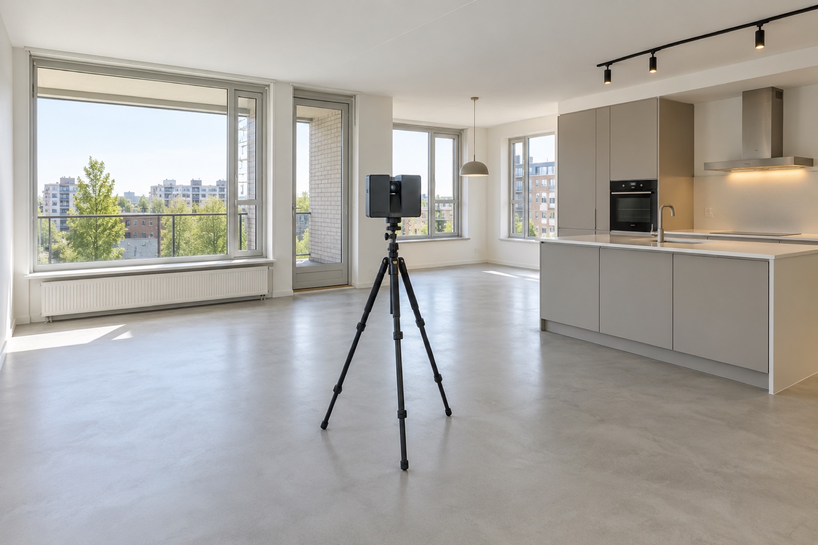 Lege, lichte woonkamer met open keuken in een appartement, met een camera voor de virtuele tour op een statief