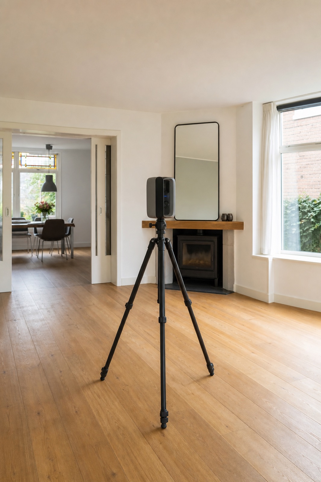 Camera voor de virtuele tour op een statief in een lege, lichte woonkamer met houten vloer