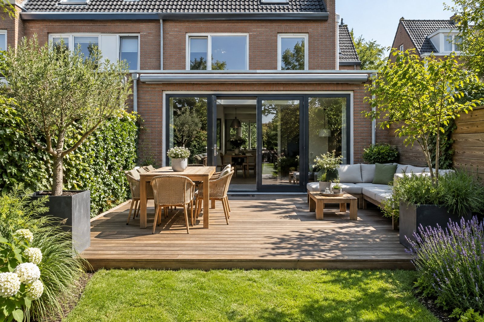 Achtertuin met houten terras, tuinset en groen in de zon
