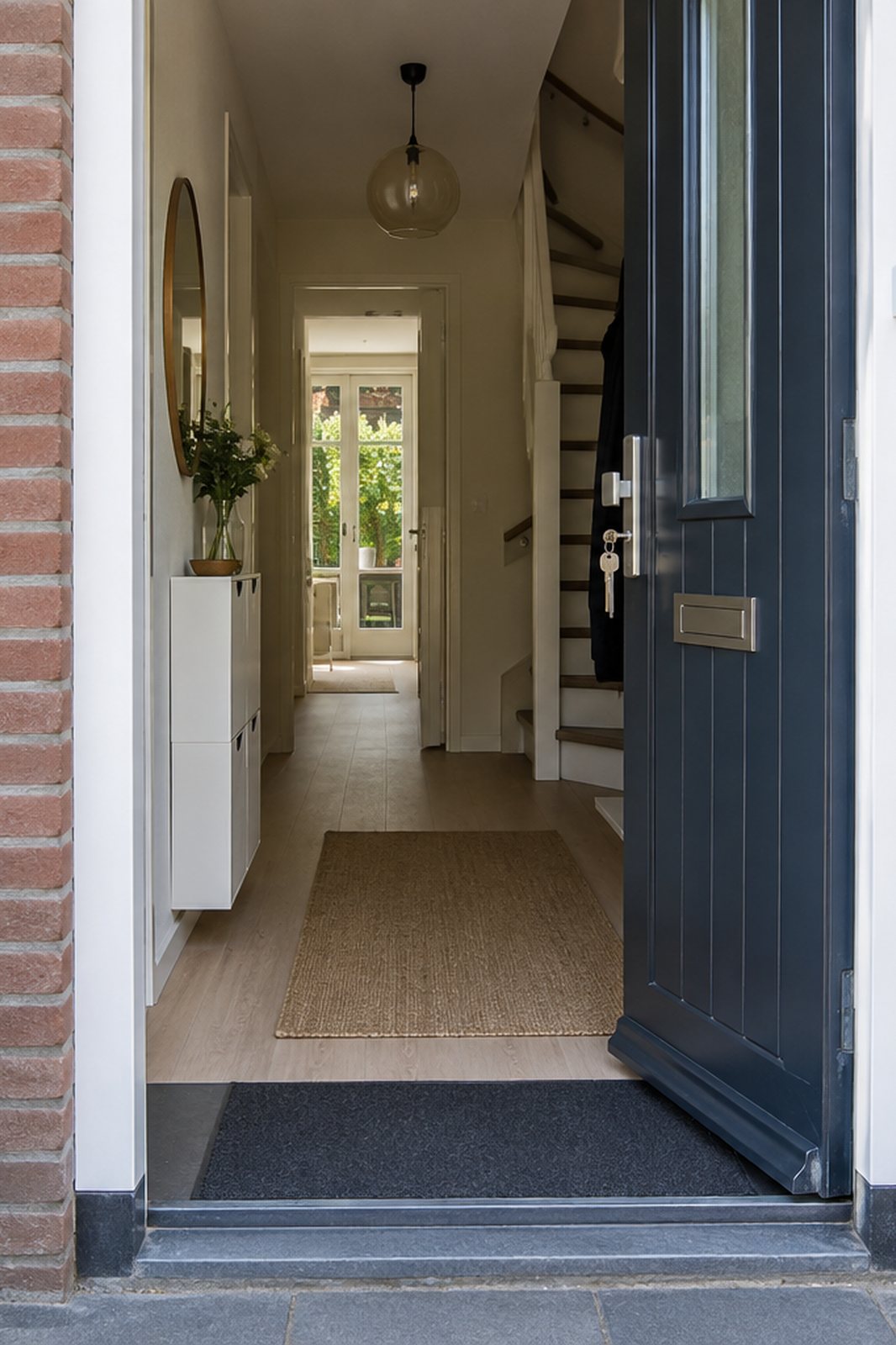 Open voordeur van een tussenwoning met hortensia's ernaast. Door de deur zie je de hal.