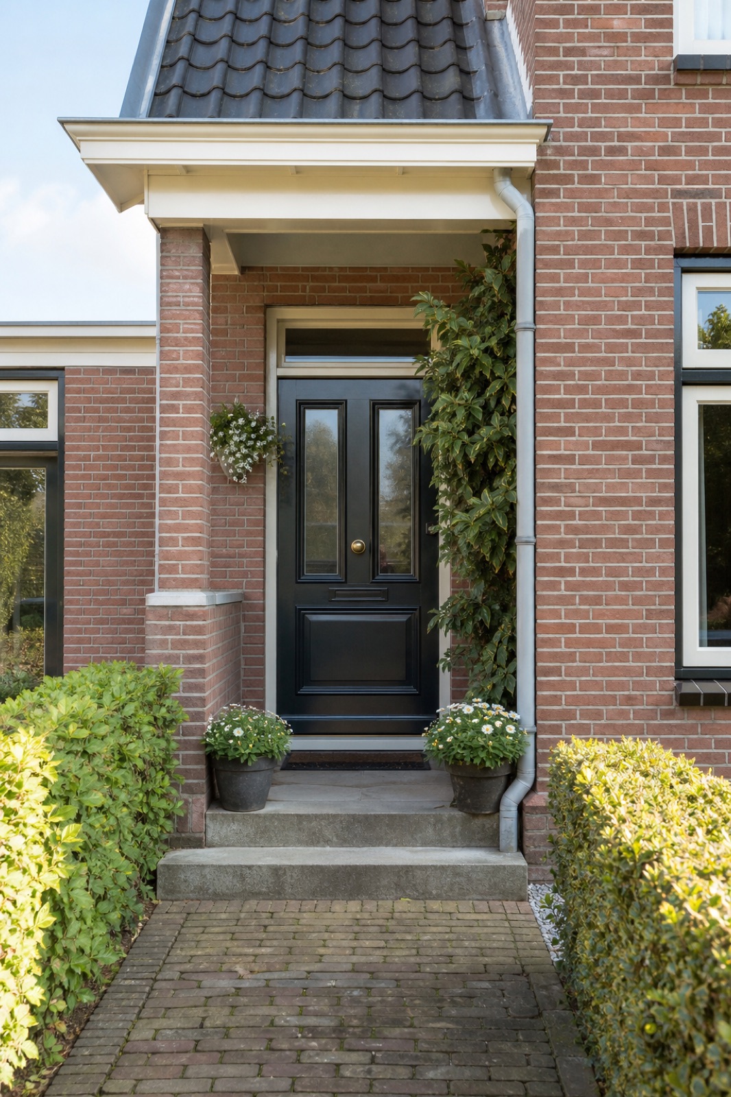 Zwarte voordeur van een bakstenen huis met een witte luifel, bloempotten op de stoep en heggen langs het pad