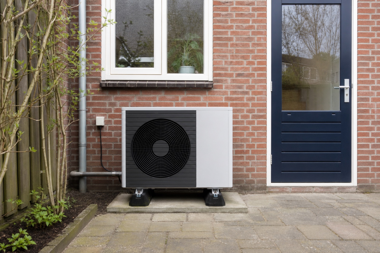 Warmtepomp tegen de bakstenen achtergevel, naast de achterdeur