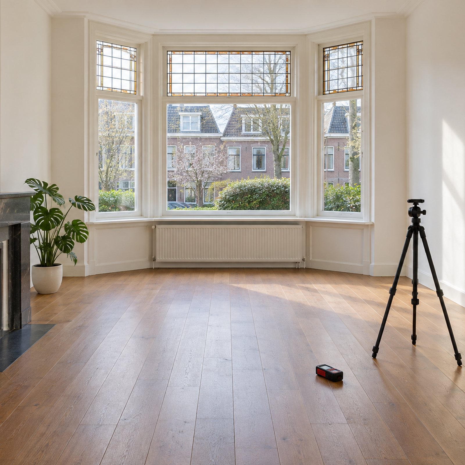 Lege woonkamer van een jaren-30 woning met erker. Op de houten vloer staan een statief en een laserafstandsmeter.