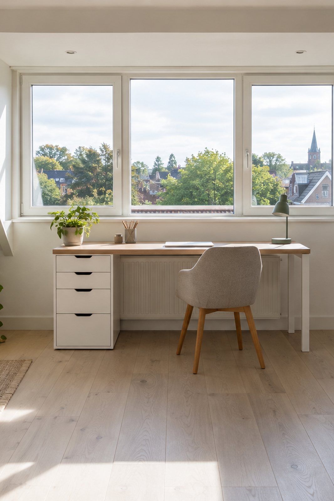 Zolderkamer met dakkapel, een bed, een bureau en een lichte vloer